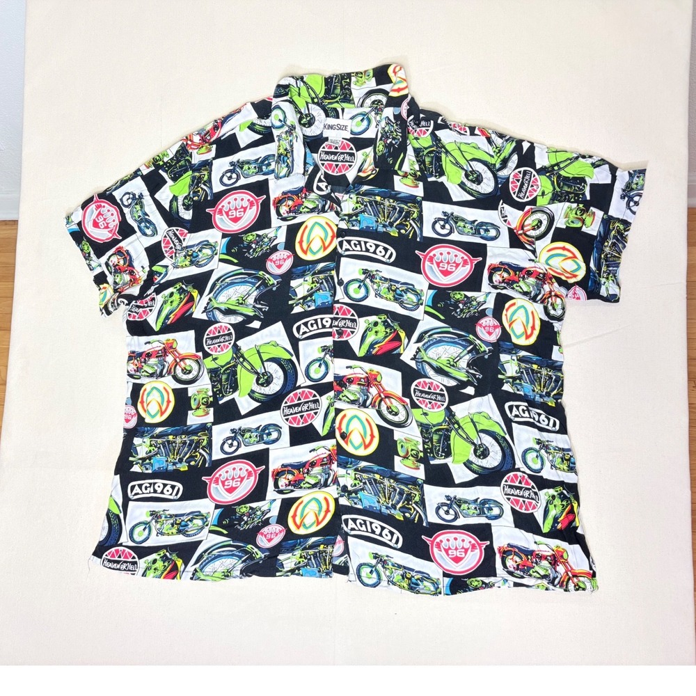 King Size Motorcycle Heaven & Hell Button Up Shirt Men Size 5XL Big & Tall Retro